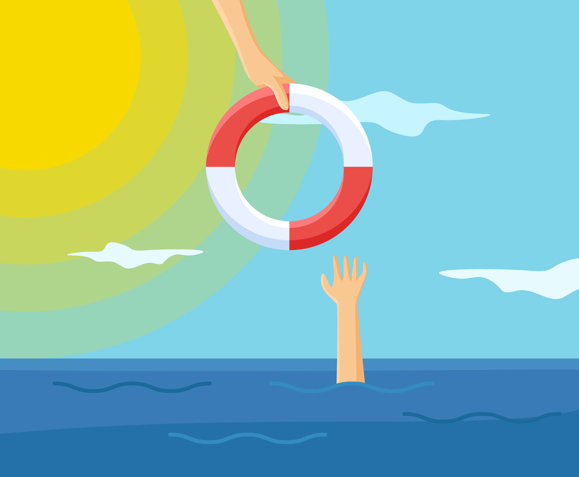 A hand reaching out of the ocean to grab a lifesaver with the sun and clouds in the background