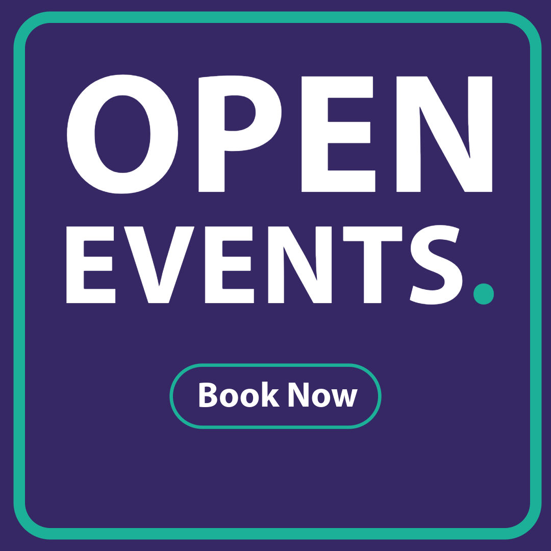 Open Events Book Now blue box with turquoise border