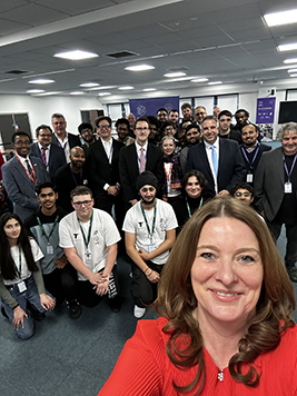 Secretary of State for Education, Gillian Keegan MP with staff and students from Uxbridge College