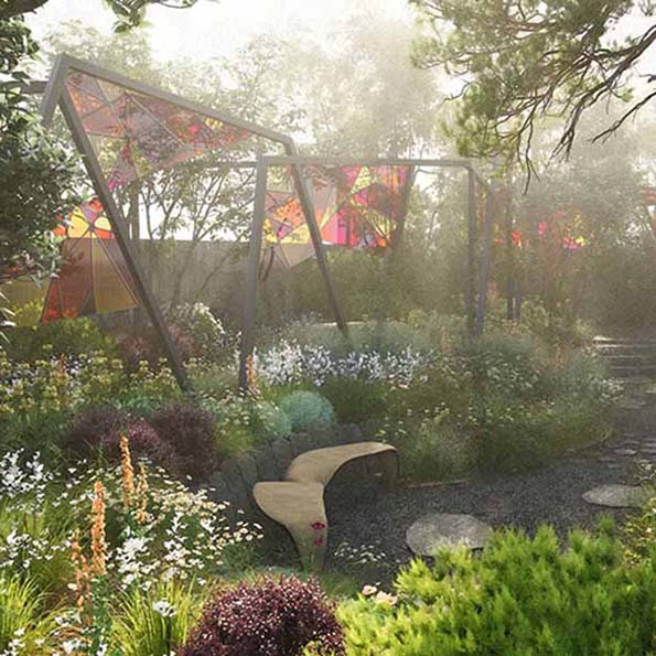 The King’s Trust Garden: Seeding Success, designed by Joe Perkins. Built by The Landscaping Consultants and sponsored by The King's Trust Project Giving Back. Screen-printed glass panels weave through the garden.