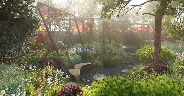 The King’s Trust Garden: Seeding Success, designed by Joe Perkins. Built by The Landscaping Consultants and sponsored by The King's Trust Project Giving Back. Screen-printed glass panels weave through the garden.