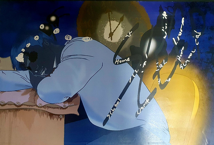 Edward Cusselle's final art piece based on the theme of insomnia. It is a colour picture depicting a person sleeping on a desk.
