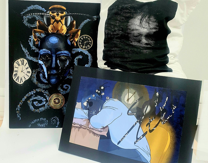 Edward Cusselle, final art pieces based on the theme of ‘Insomnia’. Various abstract images of faces, time, sleep in colours of black, blue, yellow displayed on a wall.