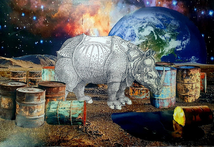 Riley Varga's art work called ‘There is NO Planet B’ - showing out of space with a view towards earth in the background and oil cans spilling on the foreground with a black and white drawing of a rhinoceros collaged on top of the other images.