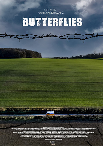 Butterflies movie poster - seeing a van on a road with a field behind it and clouds in the sky. There is barbed wire under the title.