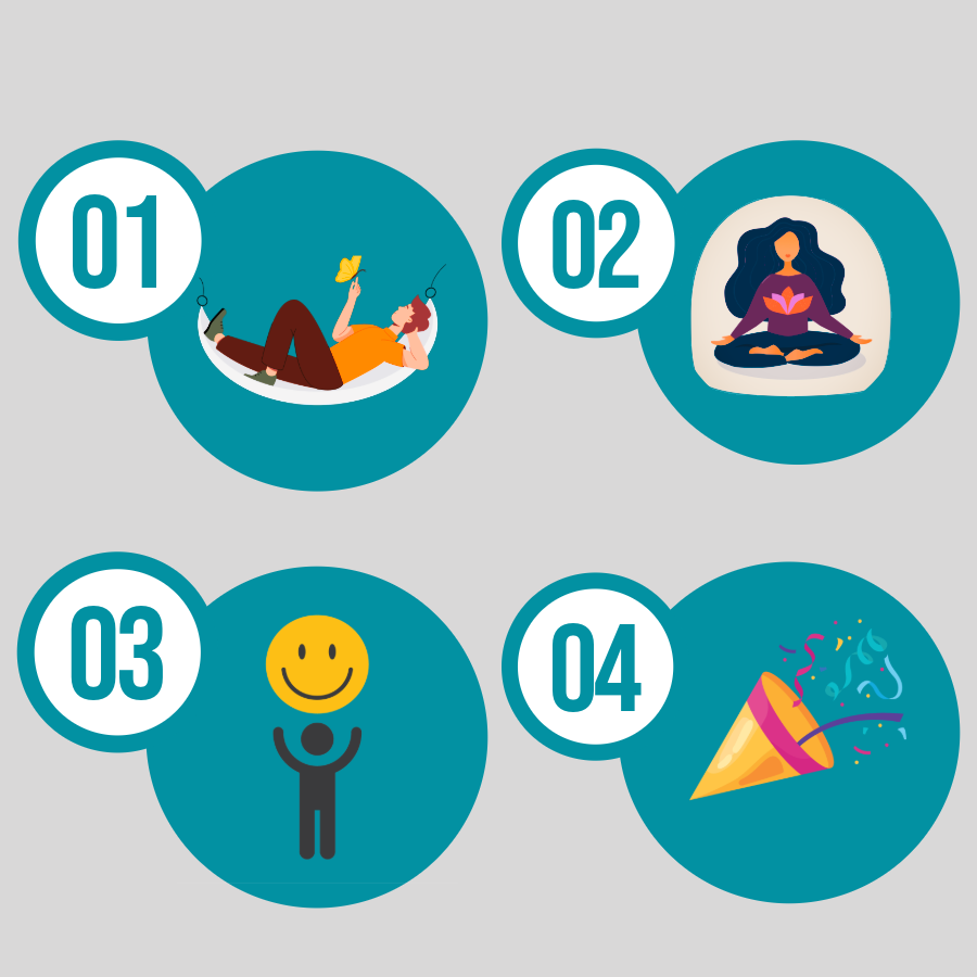 graphic with 4 images: 1) person relaxing in a hammock with a butterfly on hand. 2) lady with flowing black hair, sitting with legs crossed in yoga relaxation pose.  3) stick man with hands in the air holding a yellow smiley emoji. 4) universal party popper emoji. 