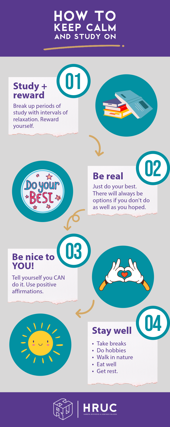 Infographic with 4 points on how to keep calm while studying for exams, with icons. 1. a pile of books 2. 'do your best' written in bubble writing. 3.gloved hands making a heart shape. 4. sunshine with a happy face. Points written below graphic for accessibility.