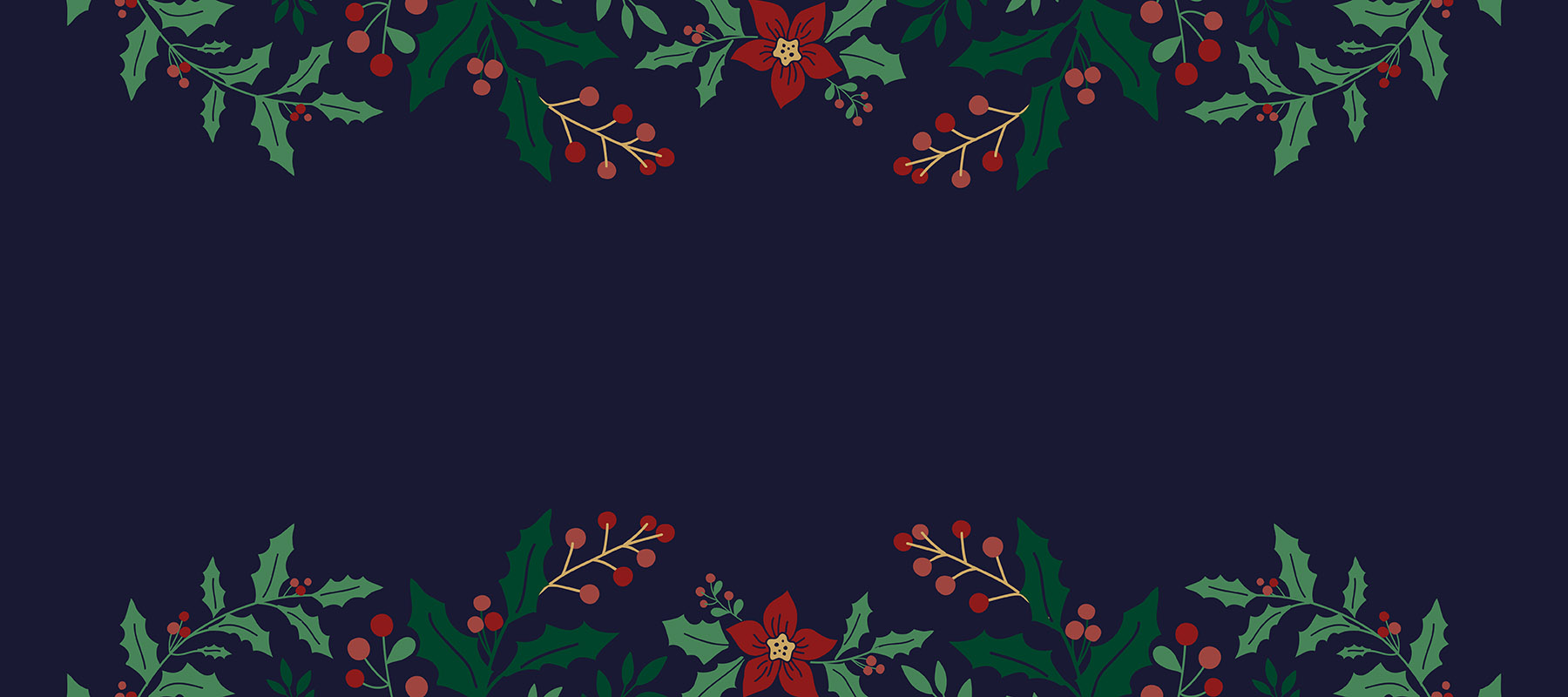 Season's Greetings banner with blue background, green leaves, red berries and red flowers. 